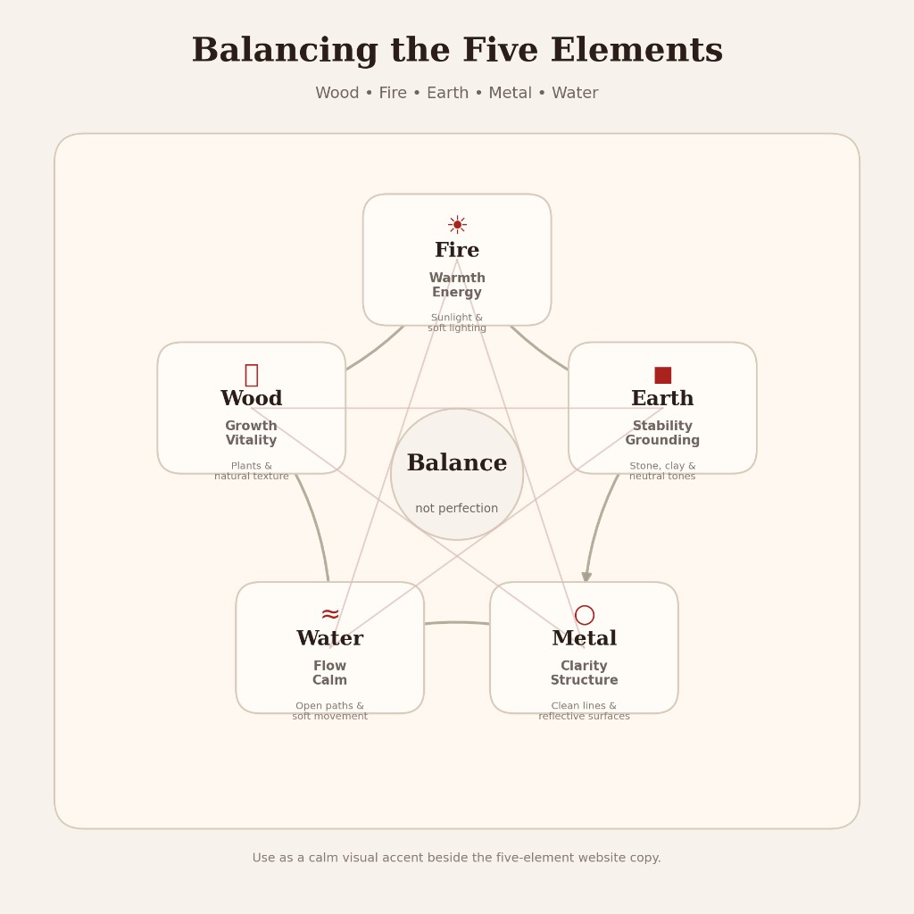 Five elements balance diagram showing Wood, Fire, Earth, Metal, and Water with generating and controlling cycles for home review