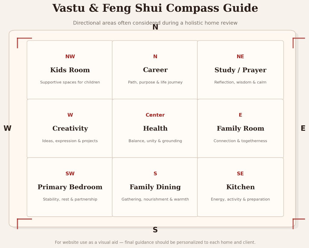 Vastu and Feng Shui compass guide showing directional areas for career, family, health, creativity, kitchen, primary bedroom, and study or prayer during a home review